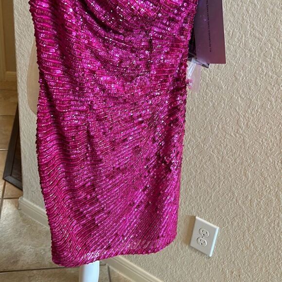 Primavera Couture Women's 0 One Shoulder Pink Sequin Mini Dress Barbiecore New - Picture 5 of 13